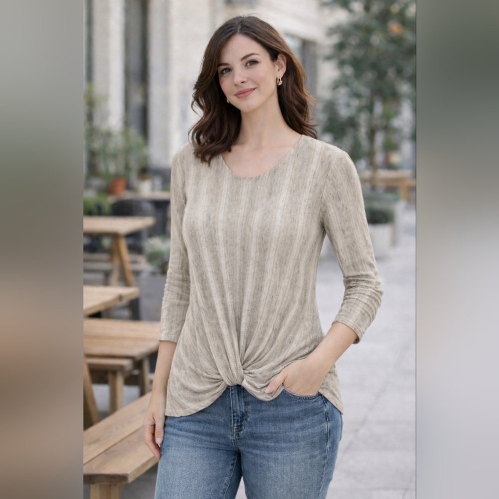 W5 Beige Long Sleeve Textured Striped Knotted Tee